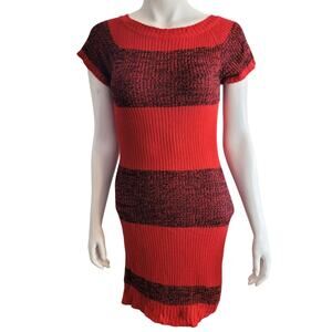 Red Blk Striped Sweater Dress L Bodycon Knit Short Sleeve Siren Coquette Holiday